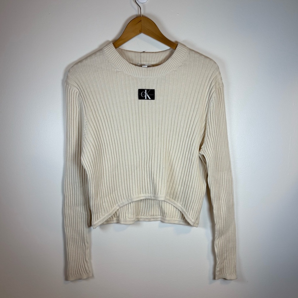 NWOT Calvin Klein Jeans Women’s Ribbed Long Sleeve Top, Cream, XL, Cotton, Crew